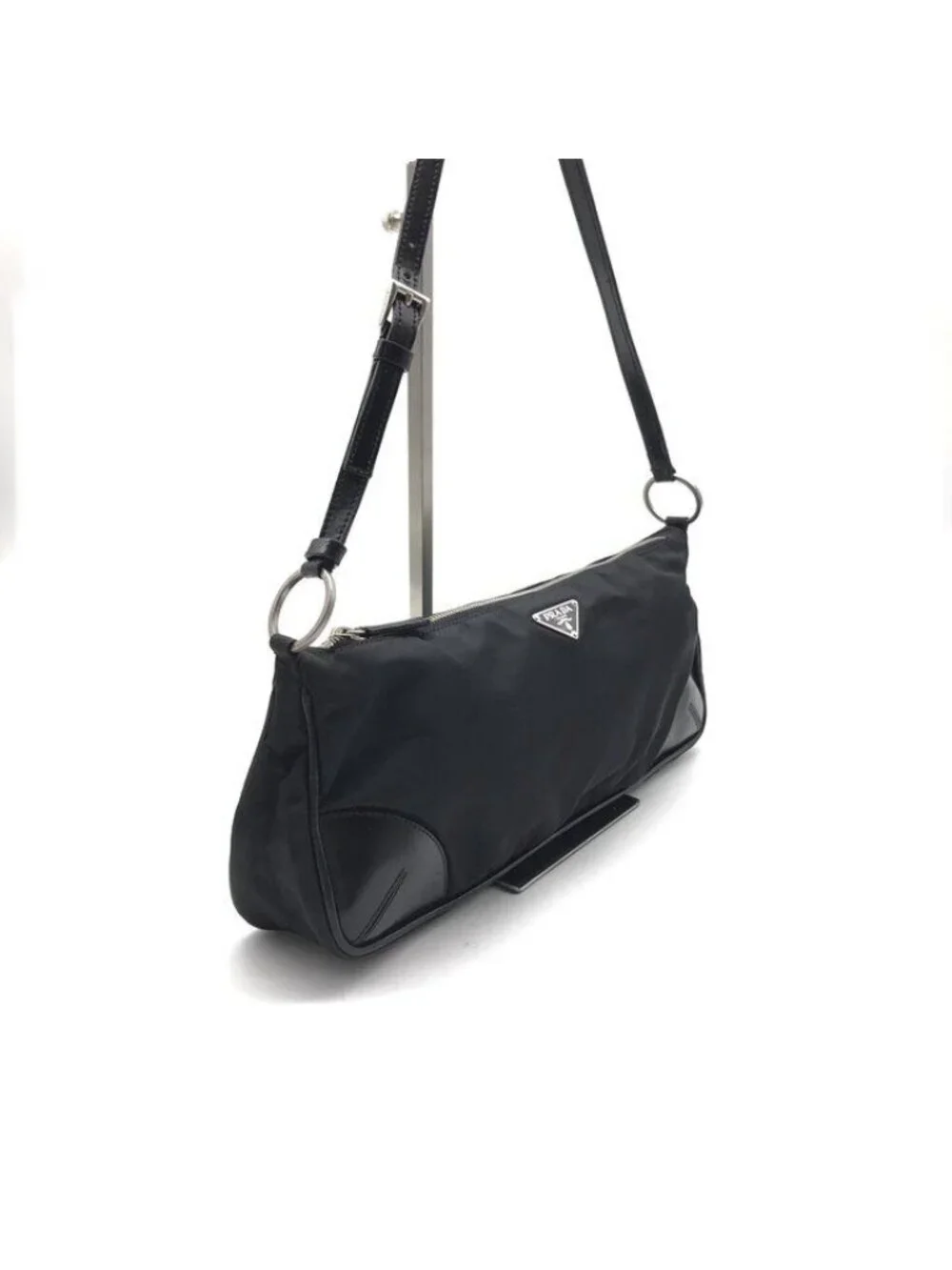 Prada Nylon Tessuto Leather Triangle Logo Shoulder Bag Black